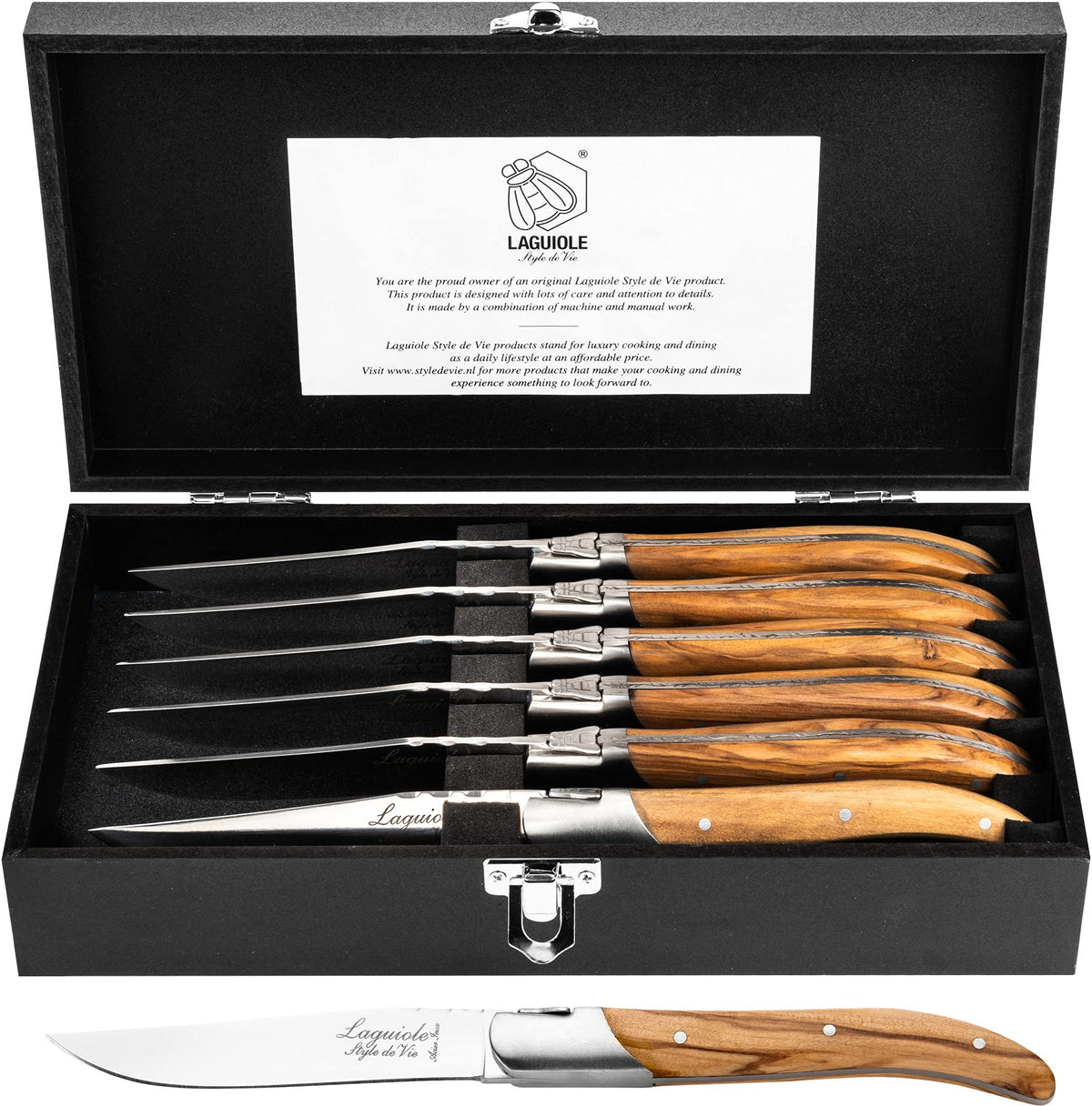 Laguiole Style de Vie steak knives with olive wood handle, gift-ready six-piece set.