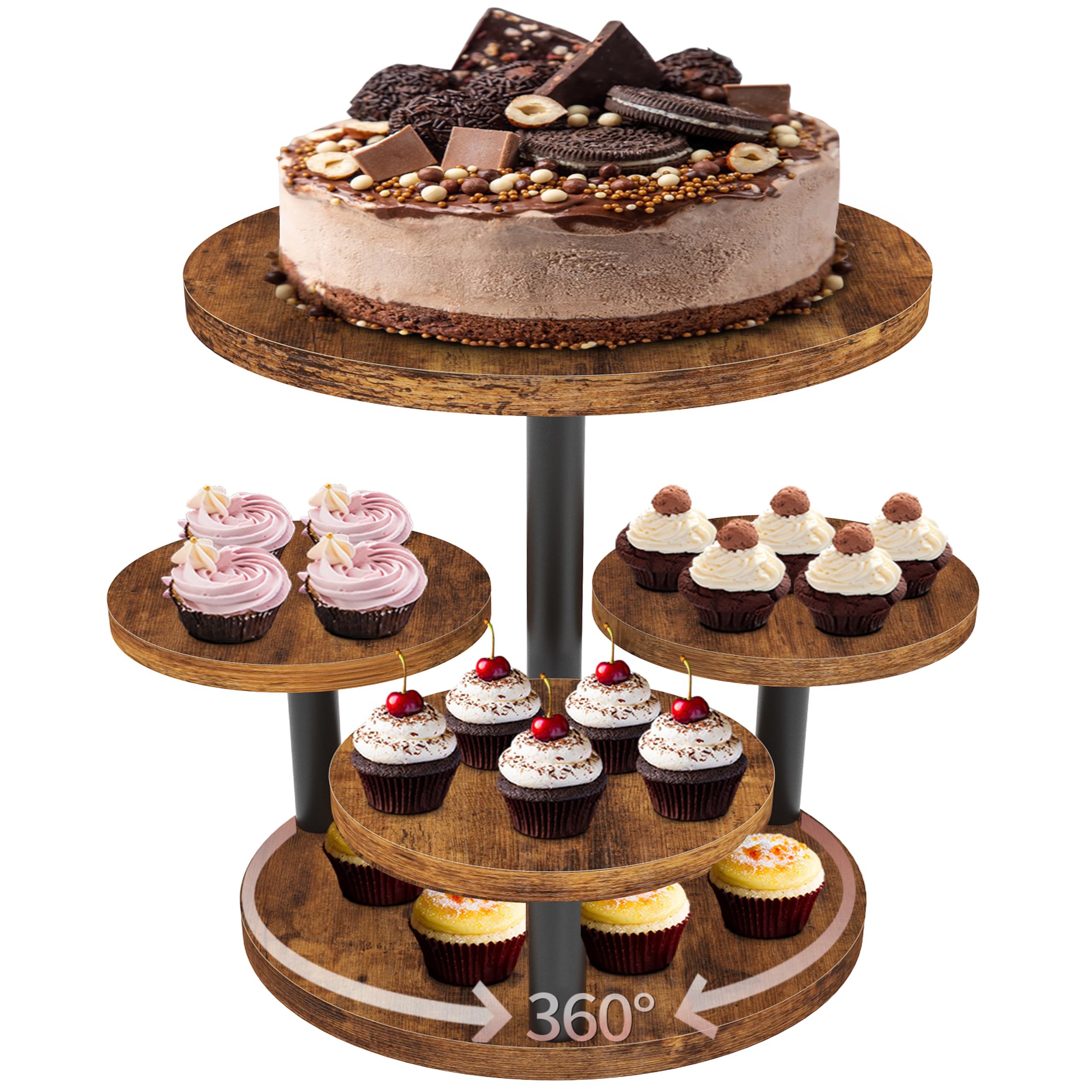 LAIDUOLEOE Cupcake Stand with rotating base showcases desserts from every angle.