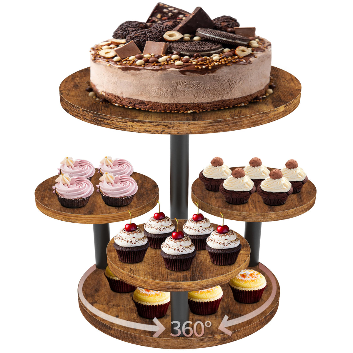 LAIDUOLEOE Cupcake Stand with rotating base showcases desserts from every angle.