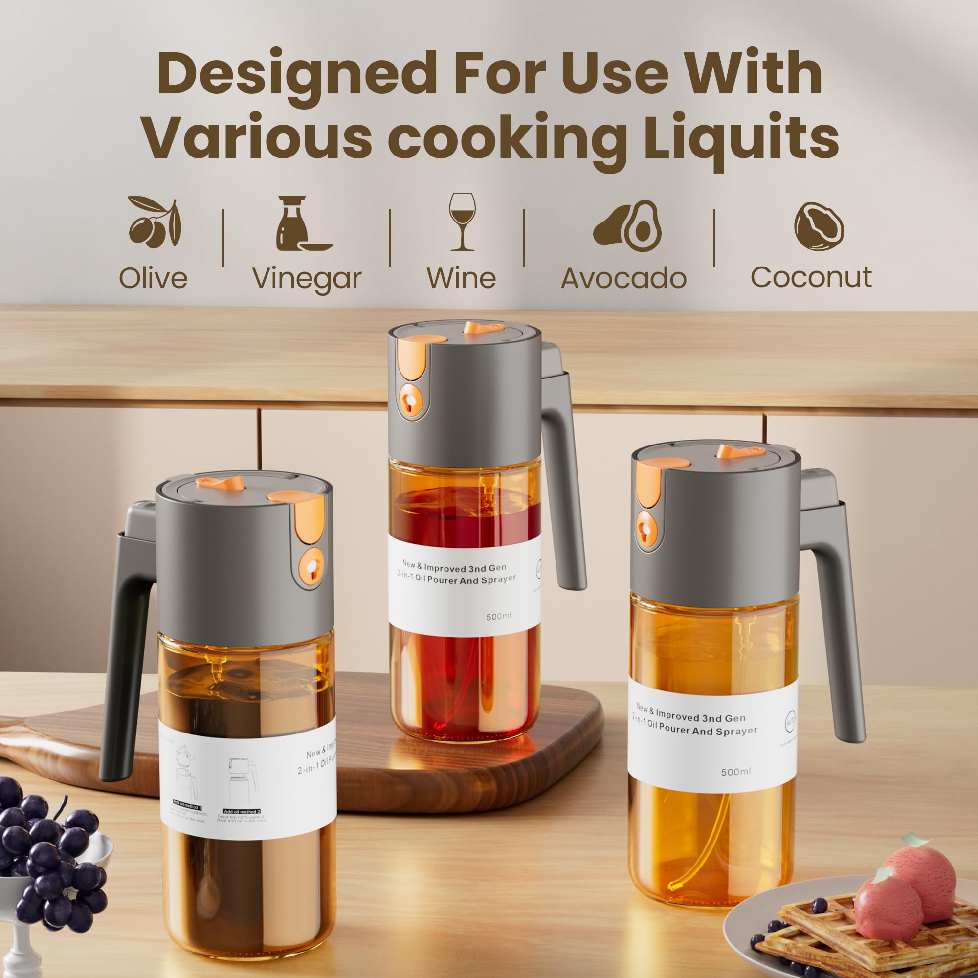 Lakumiqi 2-in-1 olive oil dispenser with glass body and 500ml capacity