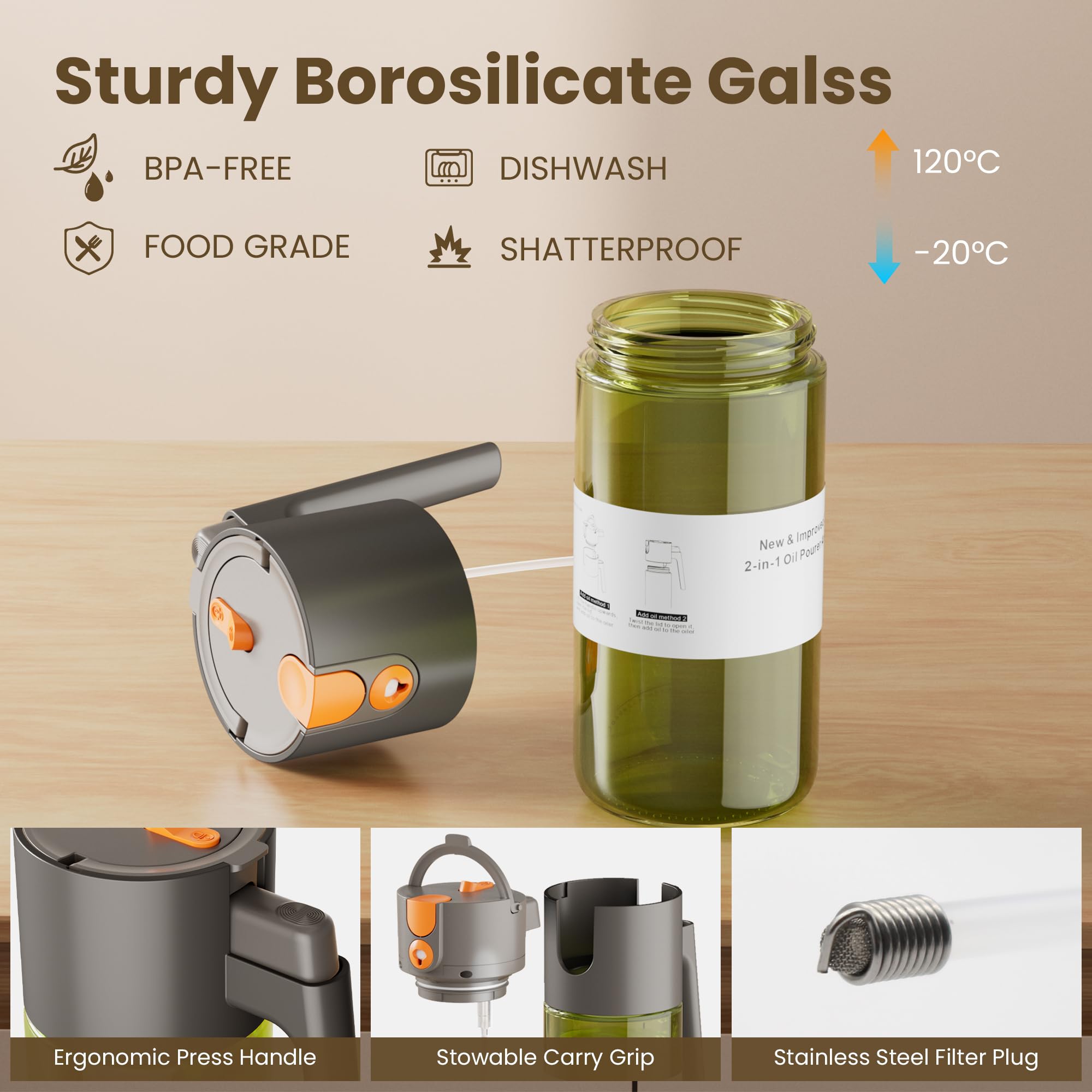 LAKUMIQI reusable glass oil dispenser for oils, sauces, and dressings.