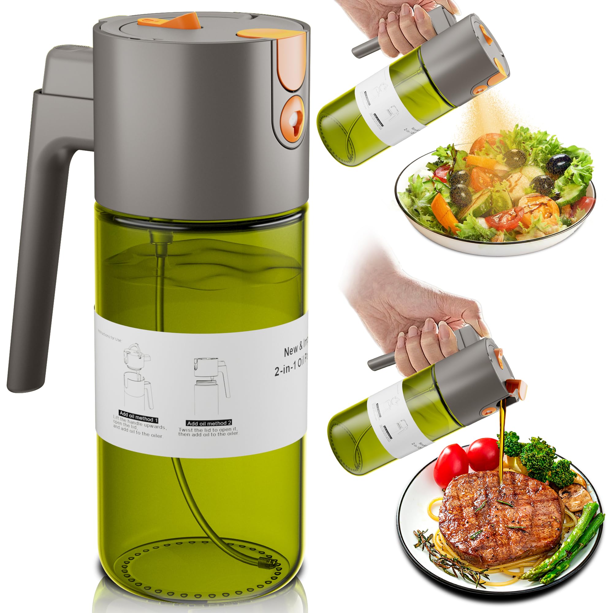 LAKUMIQI upgrade 2-in-1 oil sprayer with dark tint preserves oil freshness for cooking.