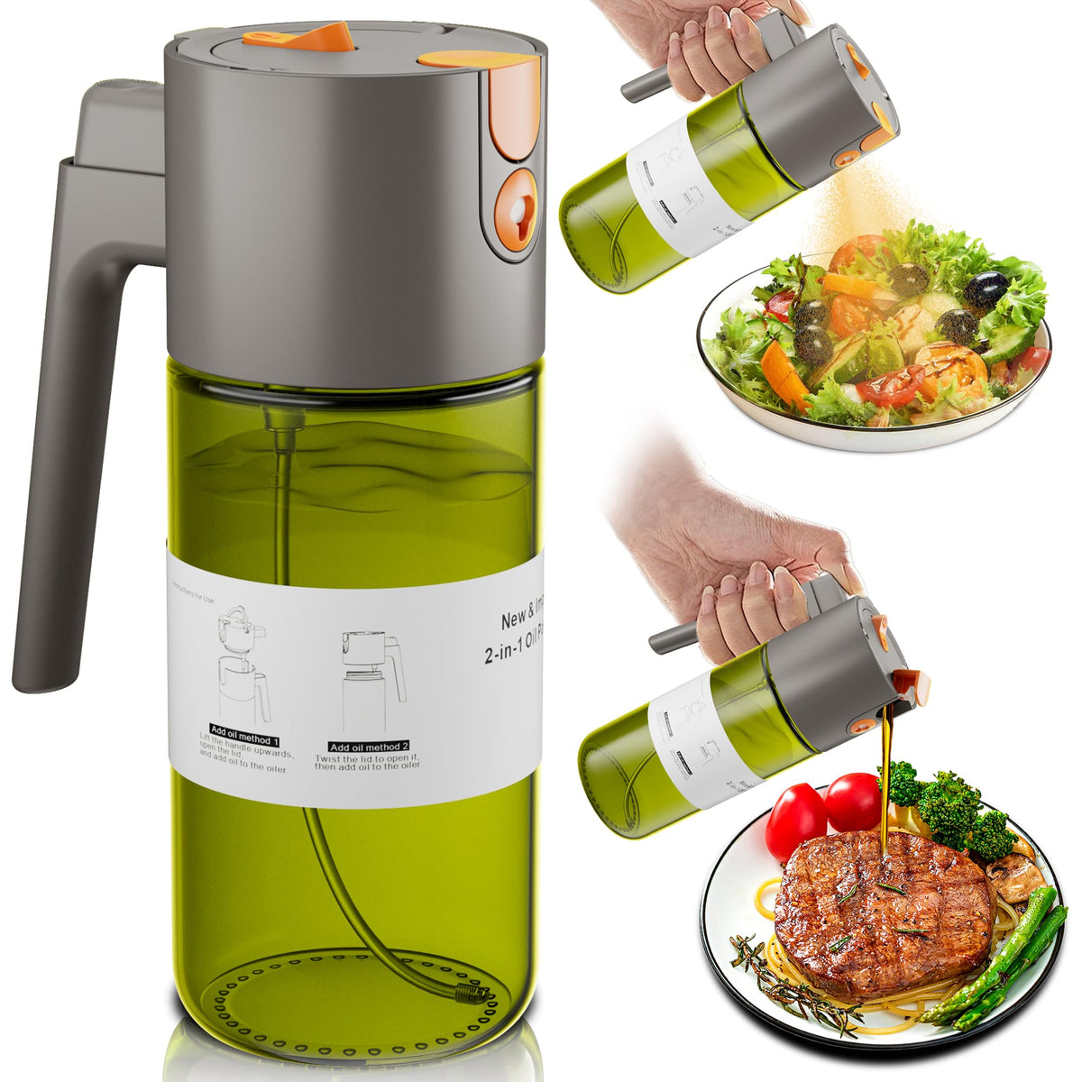 LAKUMIQI upgrade 2-in-1 oil sprayer with dark tint preserves oil freshness for cooking.