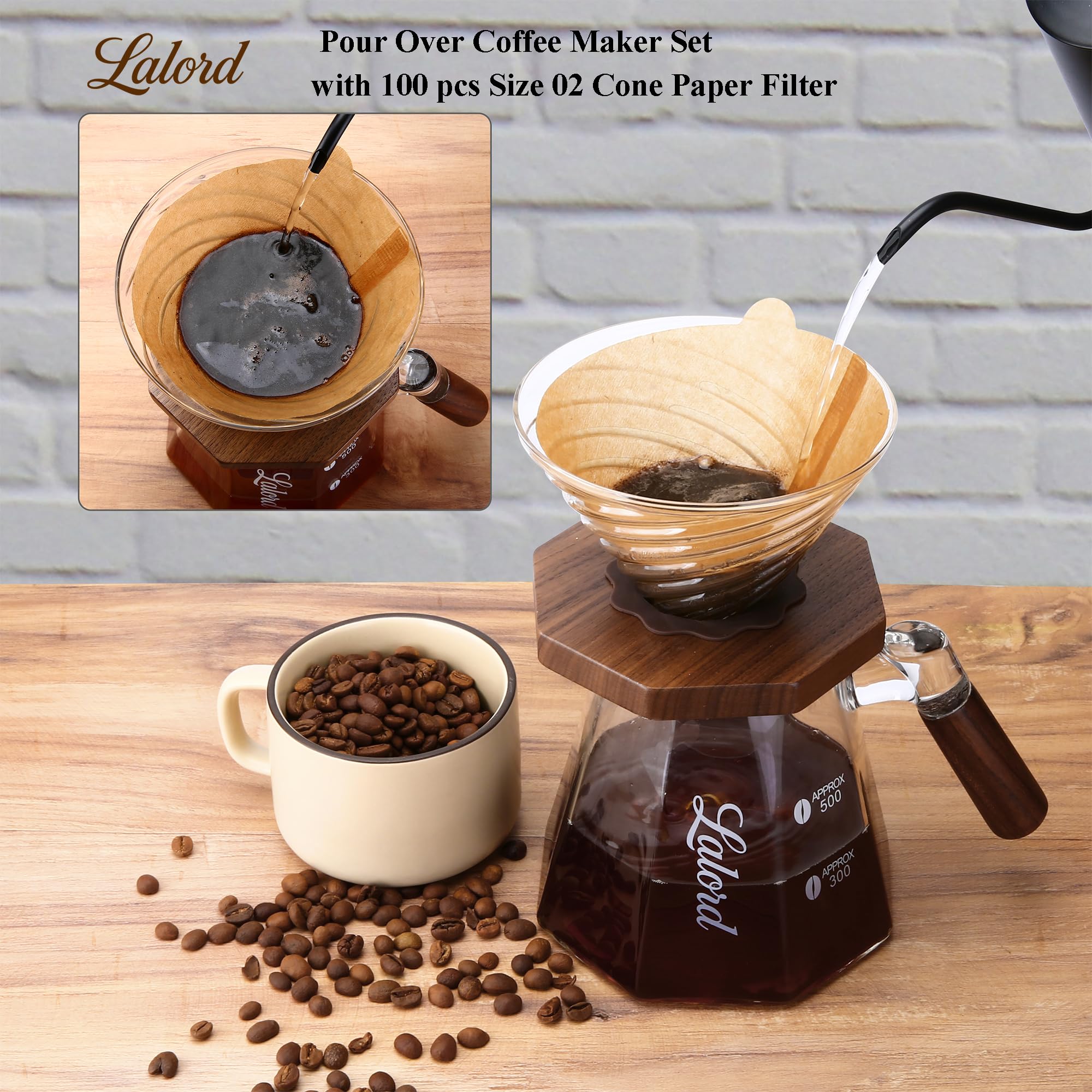 Lalord borosilicate glass pour-over dripper with walnut handle for smooth pour