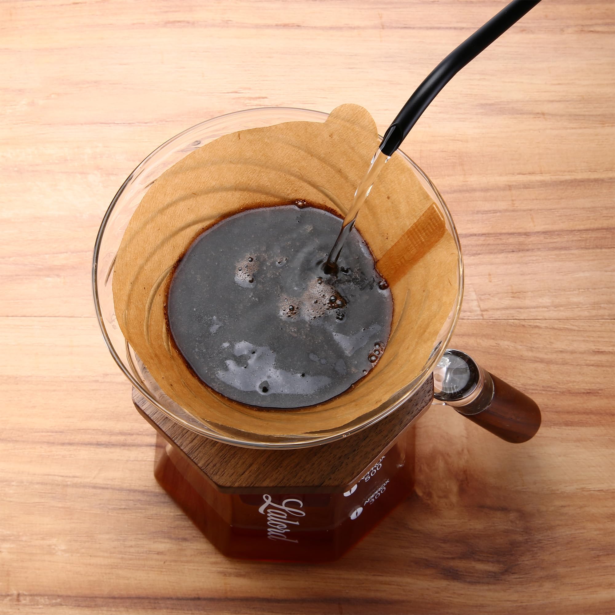 Lalord coffee brew setup for 1-3 cups, clear glass and warm wood accents
