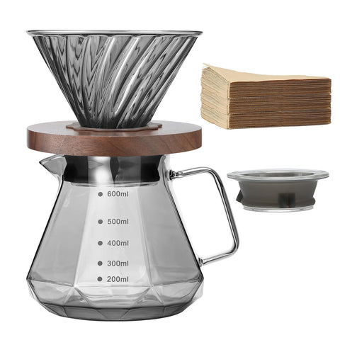 Lalord pour over coffee maker with 600 ml glass carafe and walnut handle for home brewing.