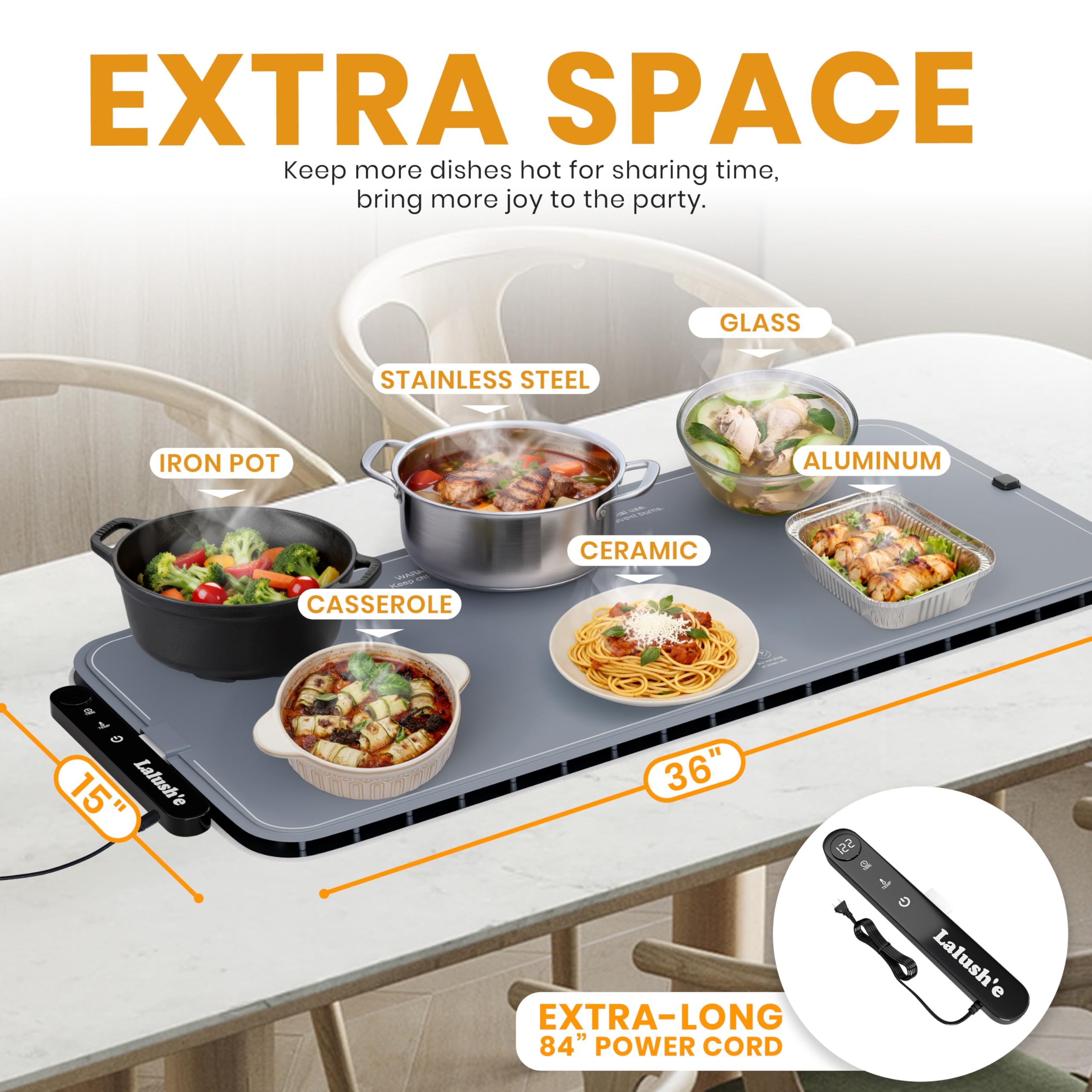Lalush'e foldable heating tray setup for effortless buffet service.