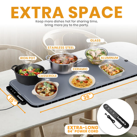 Lalush'e foldable heating tray setup for effortless buffet service.