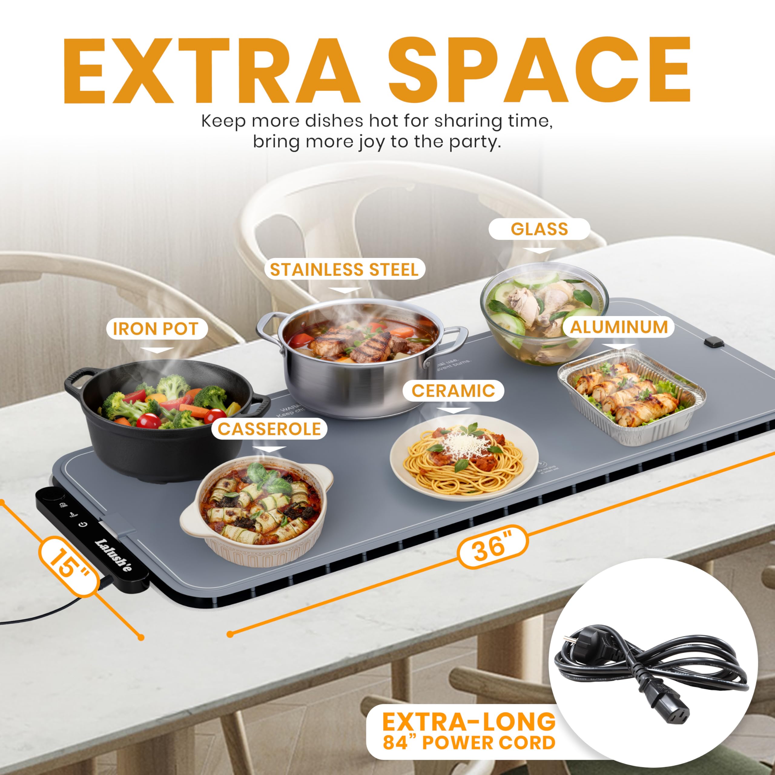 Lalushe electric warming mat XXL unrolled on serving table showing even heat.