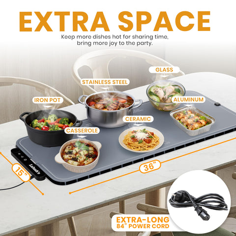Lalushe electric warming mat XXL unrolled on serving table showing even heat.