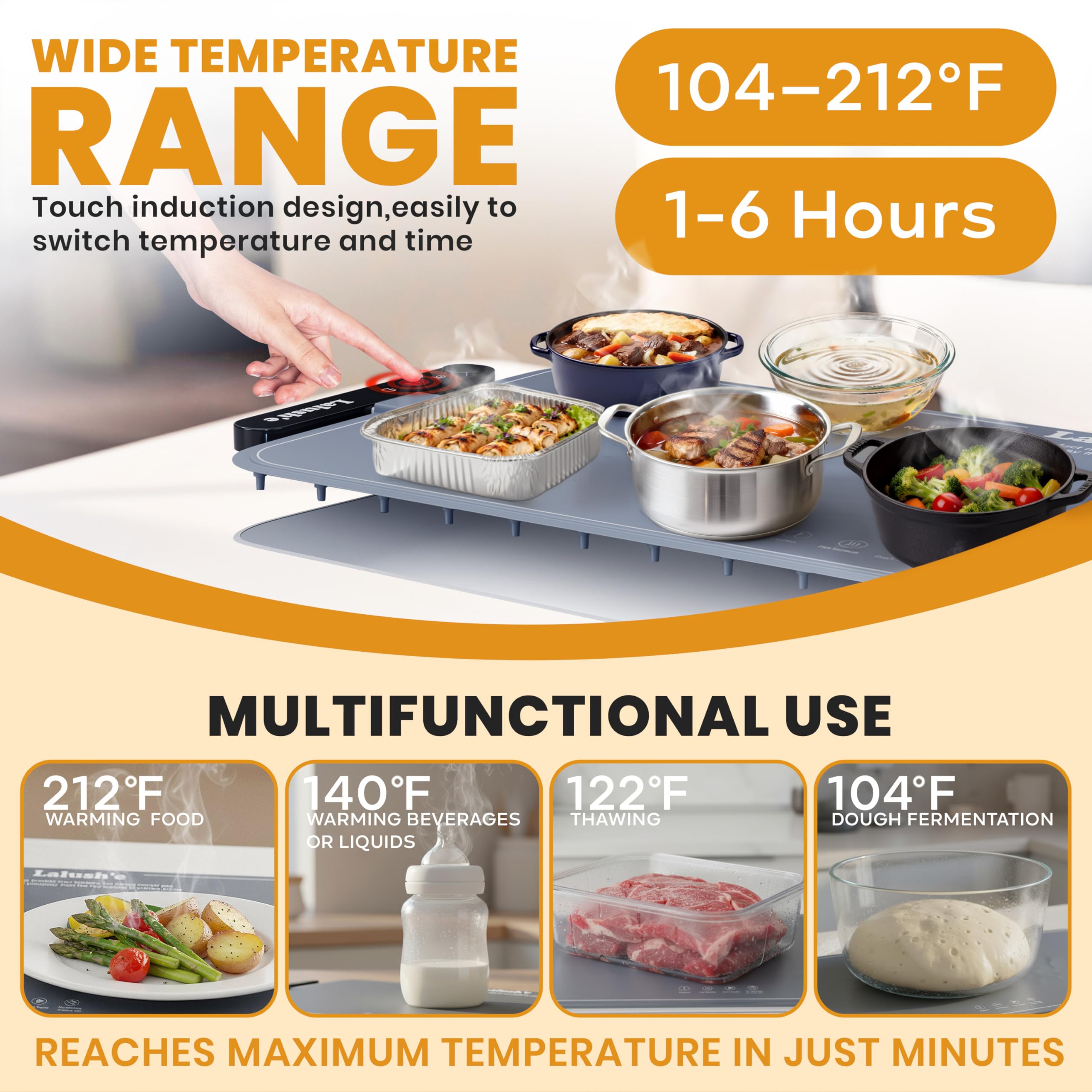Lalushe warming mat control panel with seven settings for precise heating.
