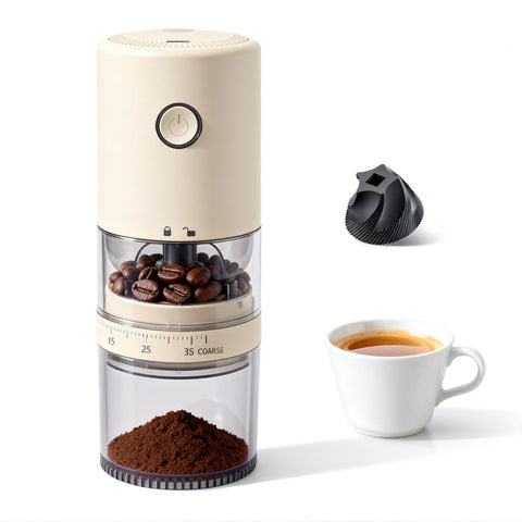 Lamido portable burr grinder with a clear bean hopper for easy monitoring.