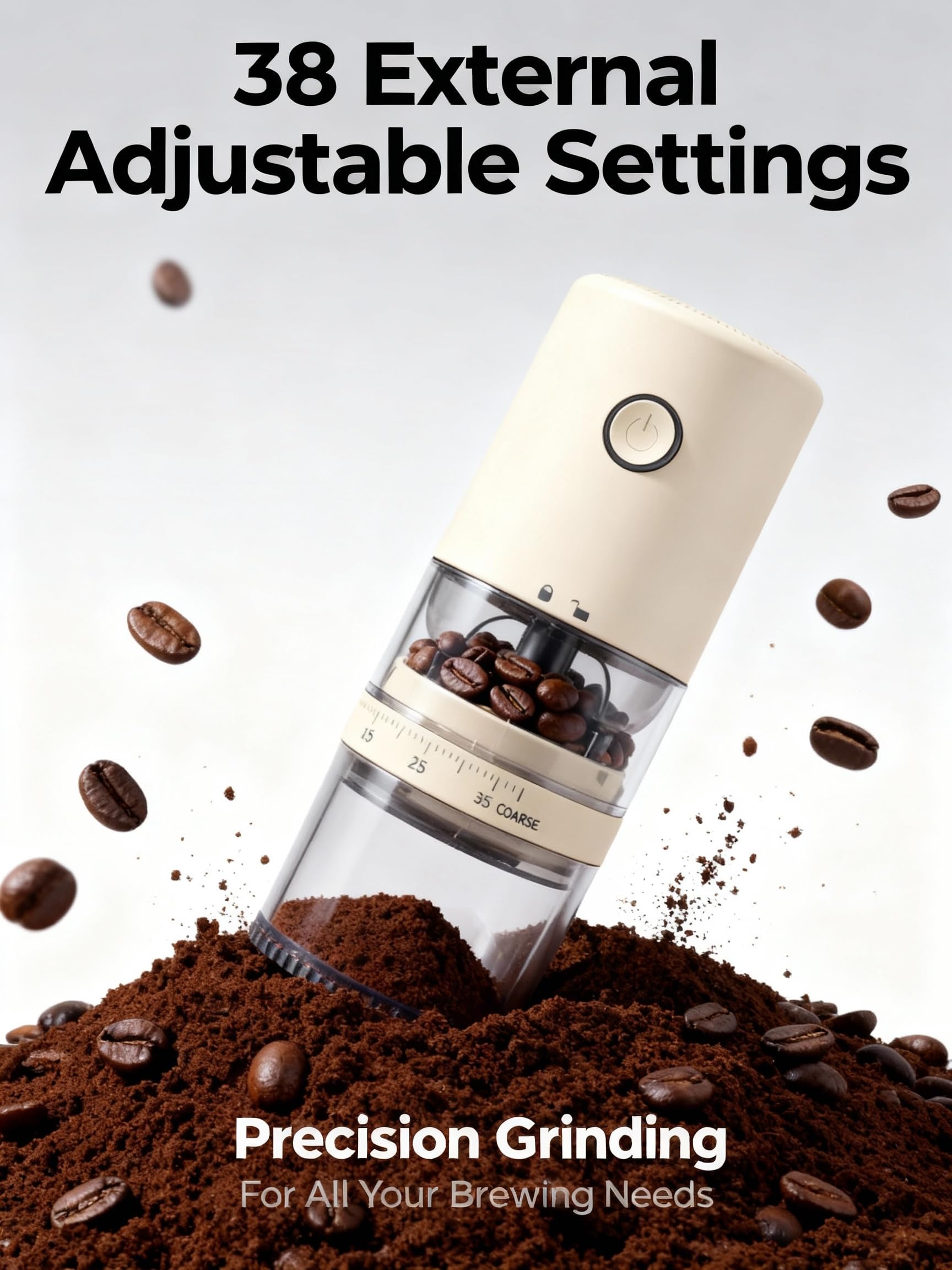 Lamido burr grinder showing the grounds container for mess-free preparation.