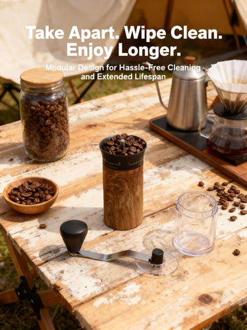 Lamido Mini Manual Coffee Grinder wood grain finish, stylish and durable.