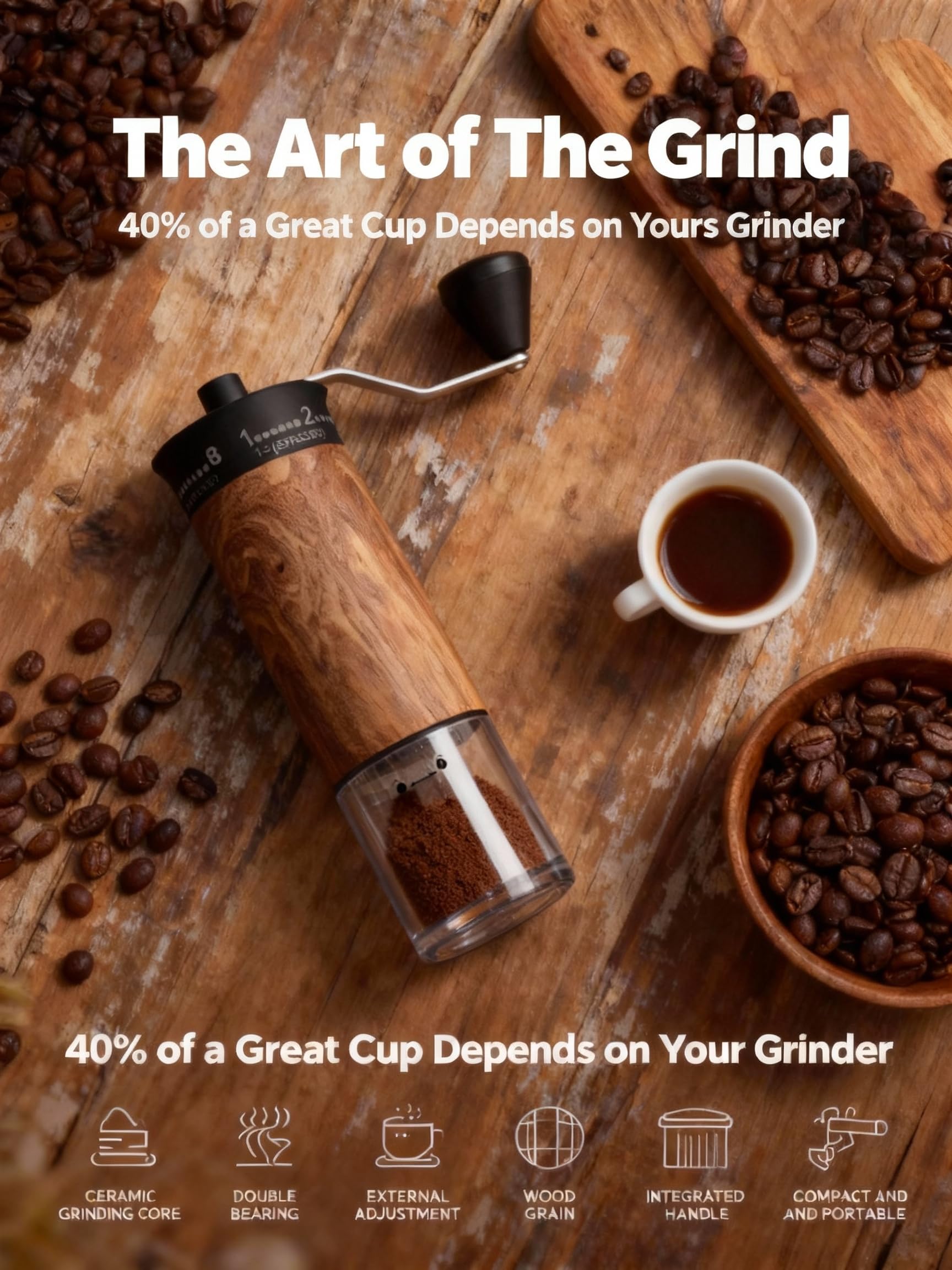 Lamido Mini Manual Coffee Grinder wood grain, side view, ideal for camping.