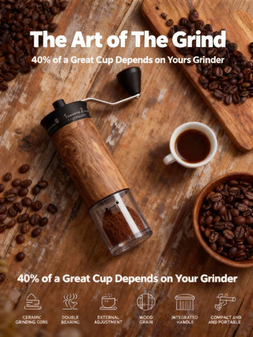 Lamido Mini Manual Coffee Grinder wood grain, side view, ideal for camping.