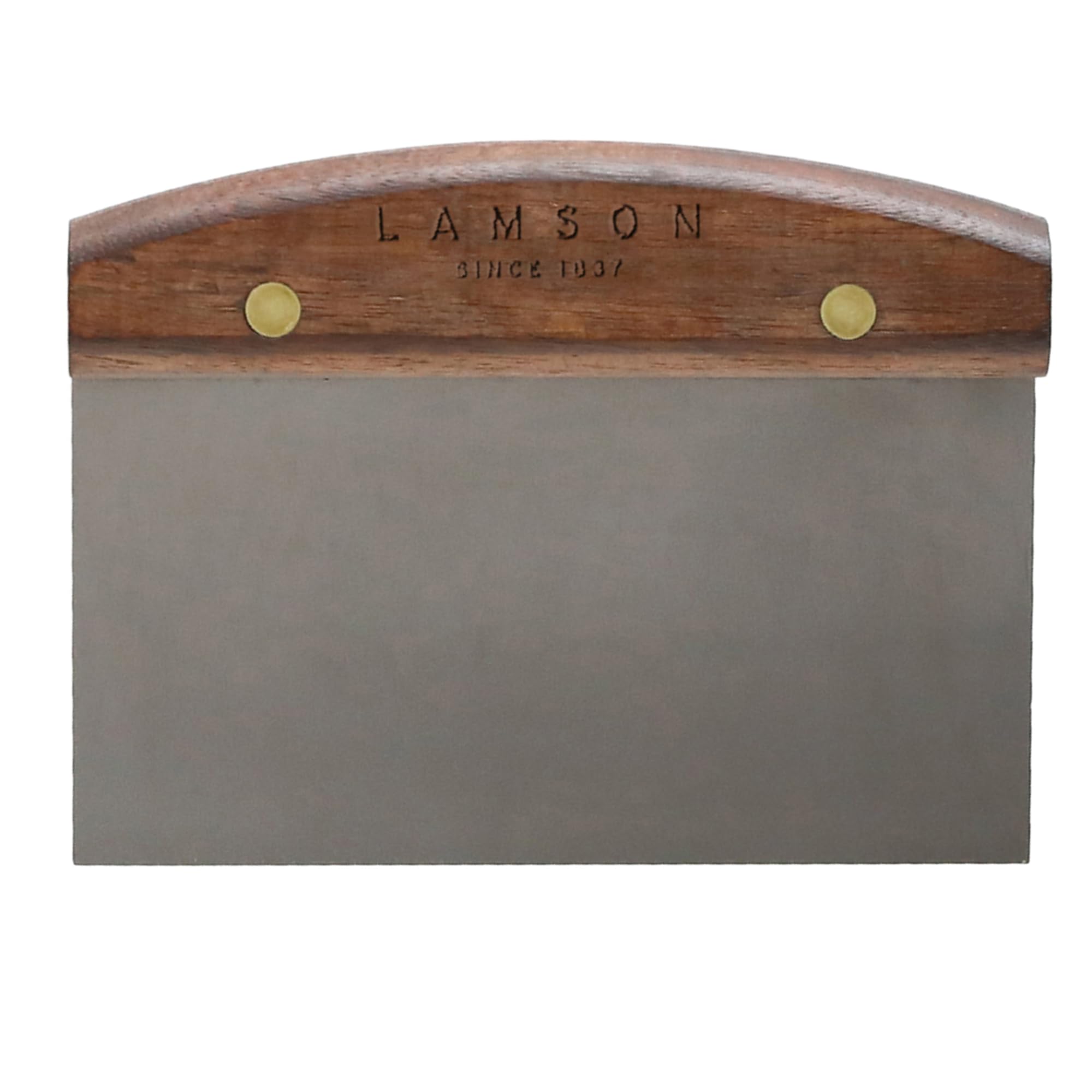 Lamson bench scraper blade close-up for precise dough handling and clean cuts.