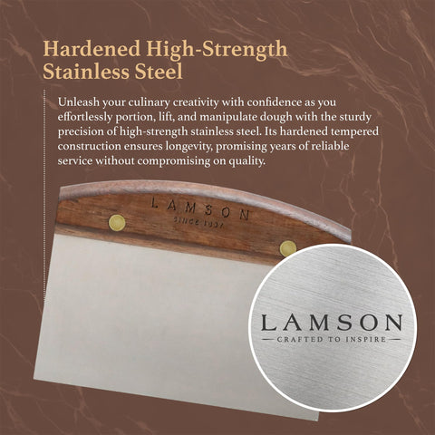 Lamson walnut-handled scraper used for portioning dough and scraping flour.