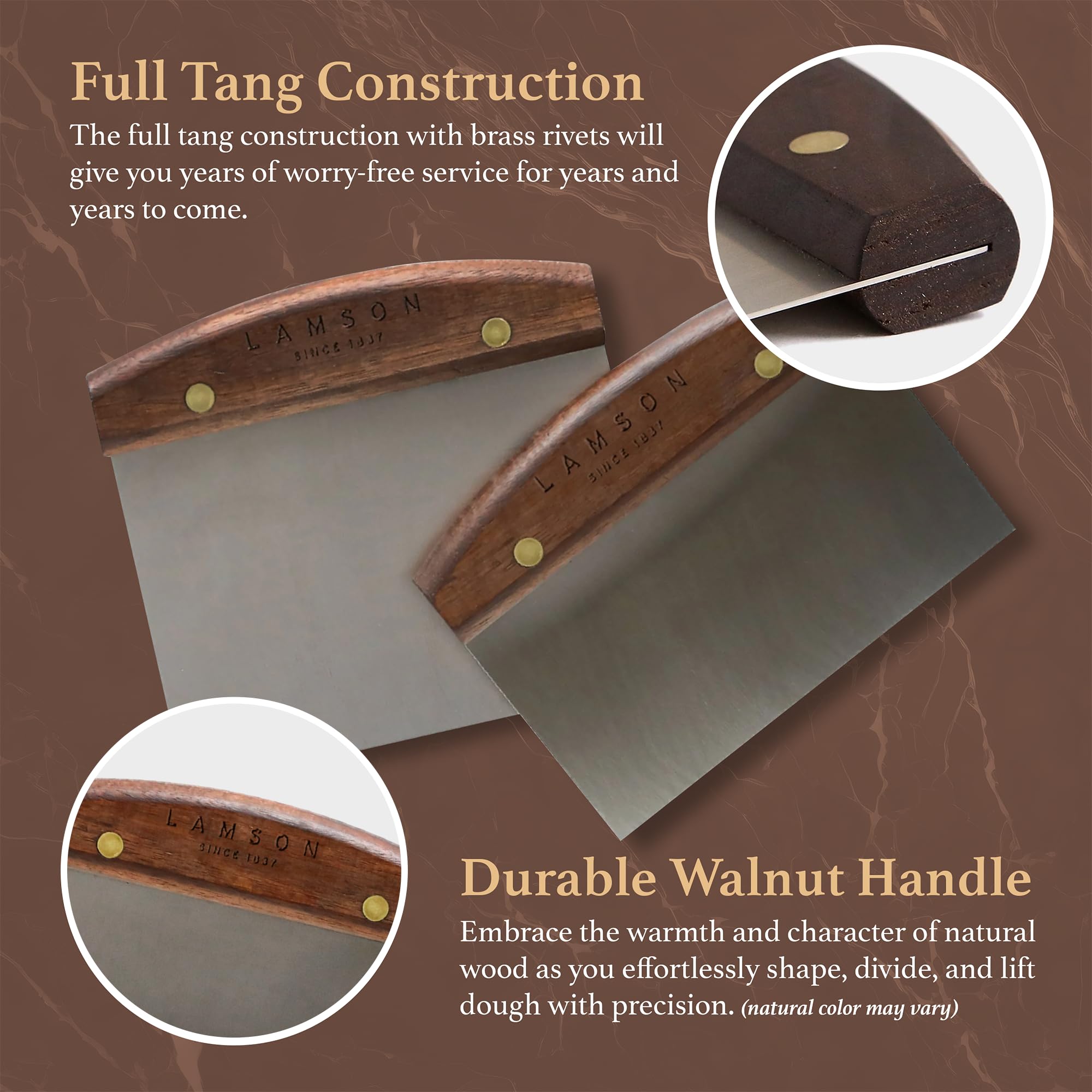 Lamson handcrafted in USA badge on handle signaling premium quality.