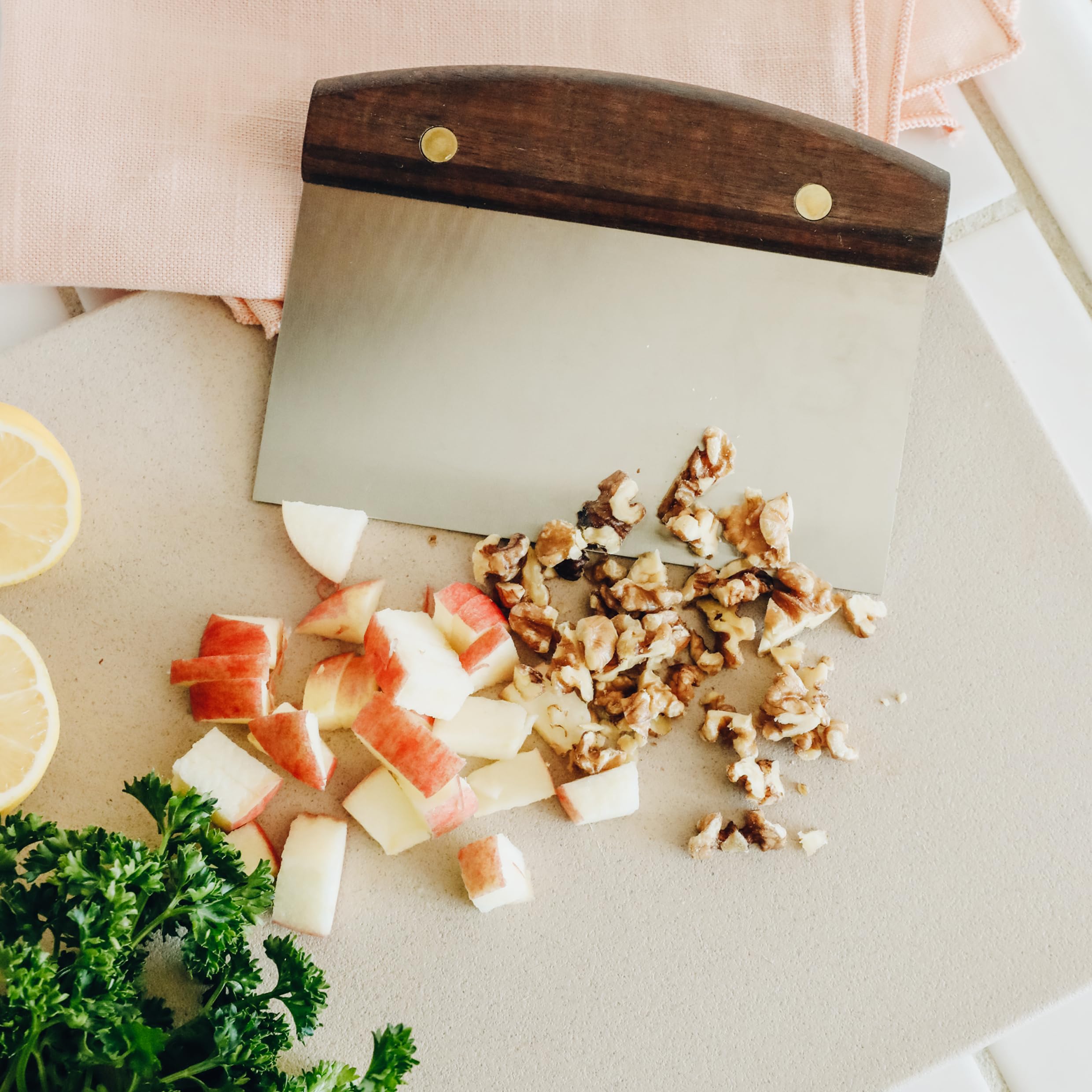 Lamson bench scraper with walnut handle for comfortable kneading sessions.