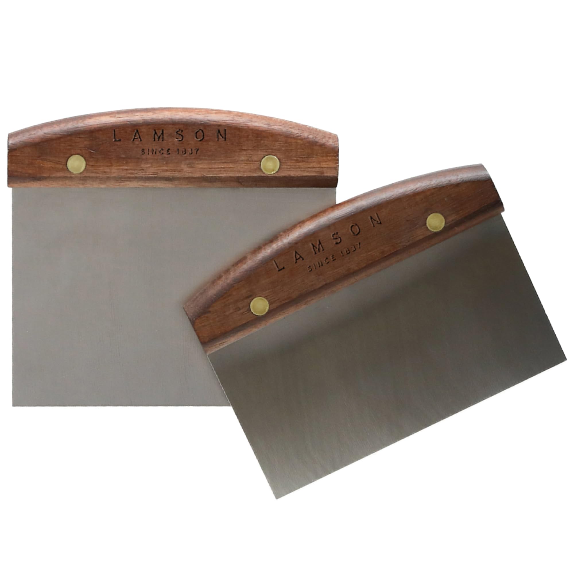 Lamson bench scraper walnut handle close-up, ergonomic grip for comfortable long use.