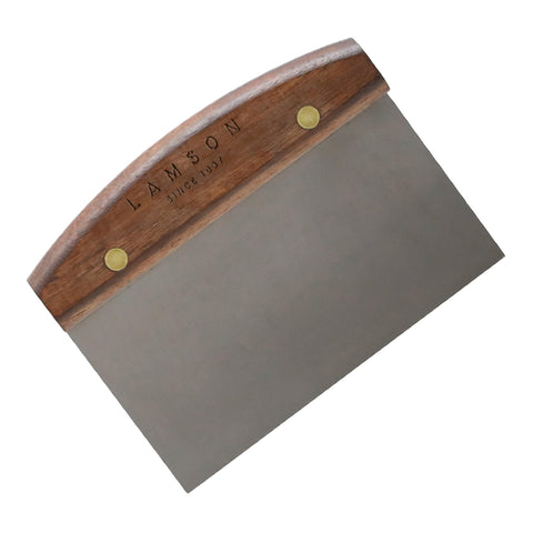 Lamson dough scraper with high-carbon blade for precise dough work and easy cleanup.