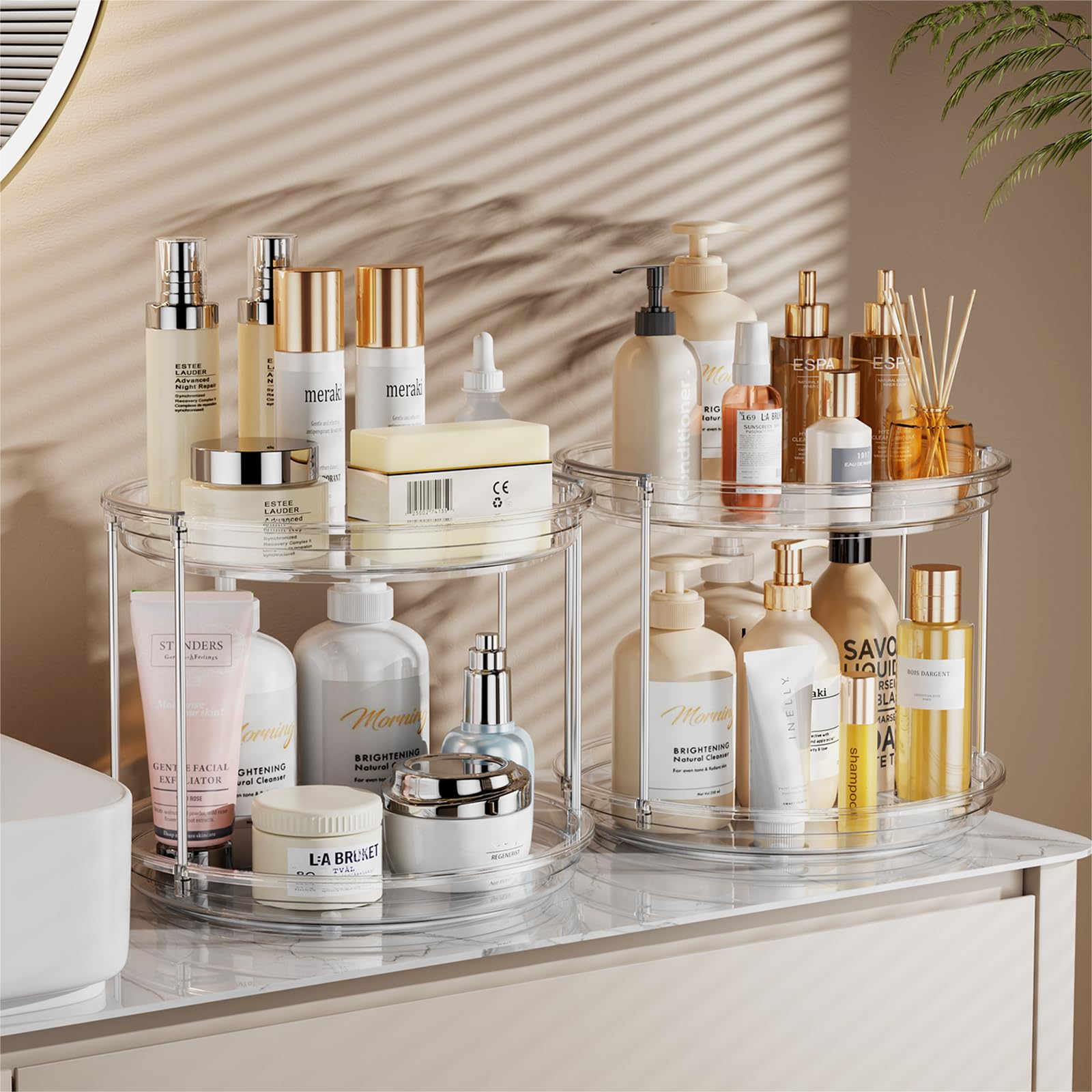LAMU 2-pack 2-tier Lazy Susan clear body boosts item visibility for quick access.