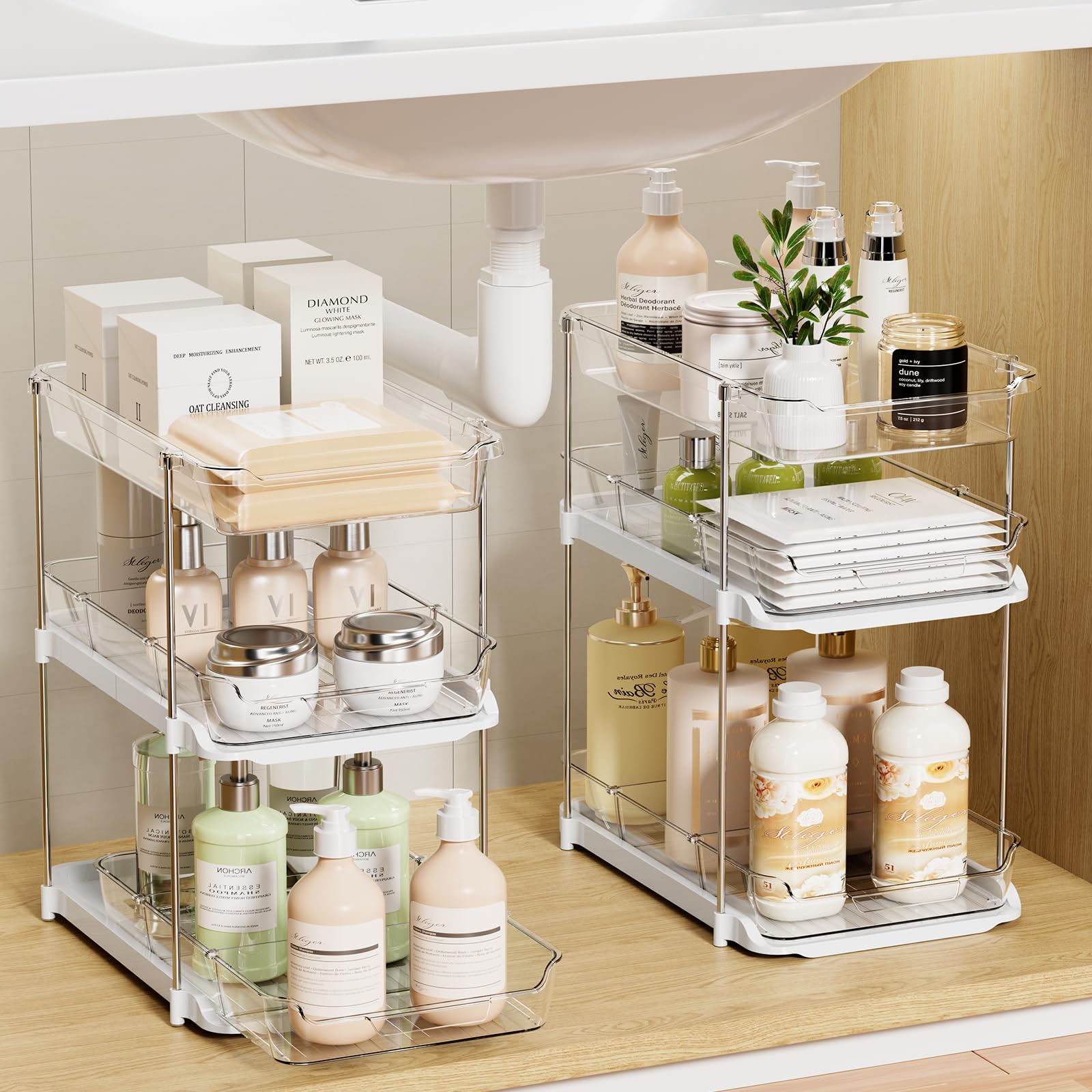 LAMU 2-pack bathroom organizers with three-tier pull-out drawers for easy toiletries access