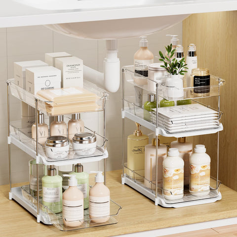 LAMU 2-pack bathroom organizers with three-tier pull-out drawers for easy toiletries access