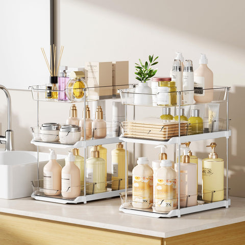 LAMU under-sink storage with adjustable dividers keeps cabinets tidy and contents visible