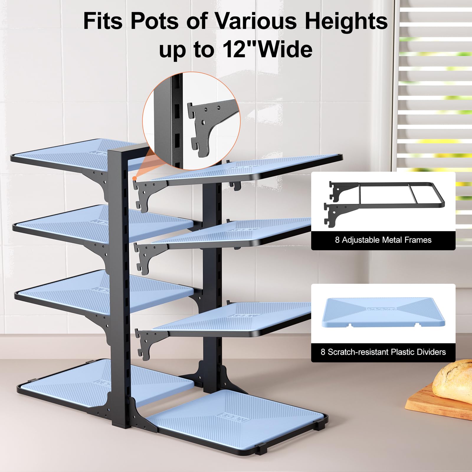LAMU eight adjustable shelves fit up to twelve inches.