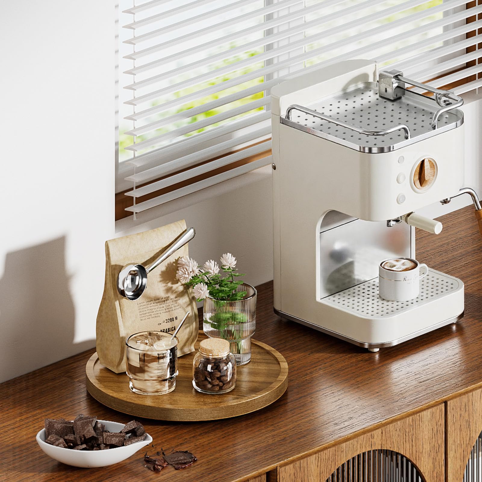 LAMU acacia on kitchen countertop adds warmth and organization