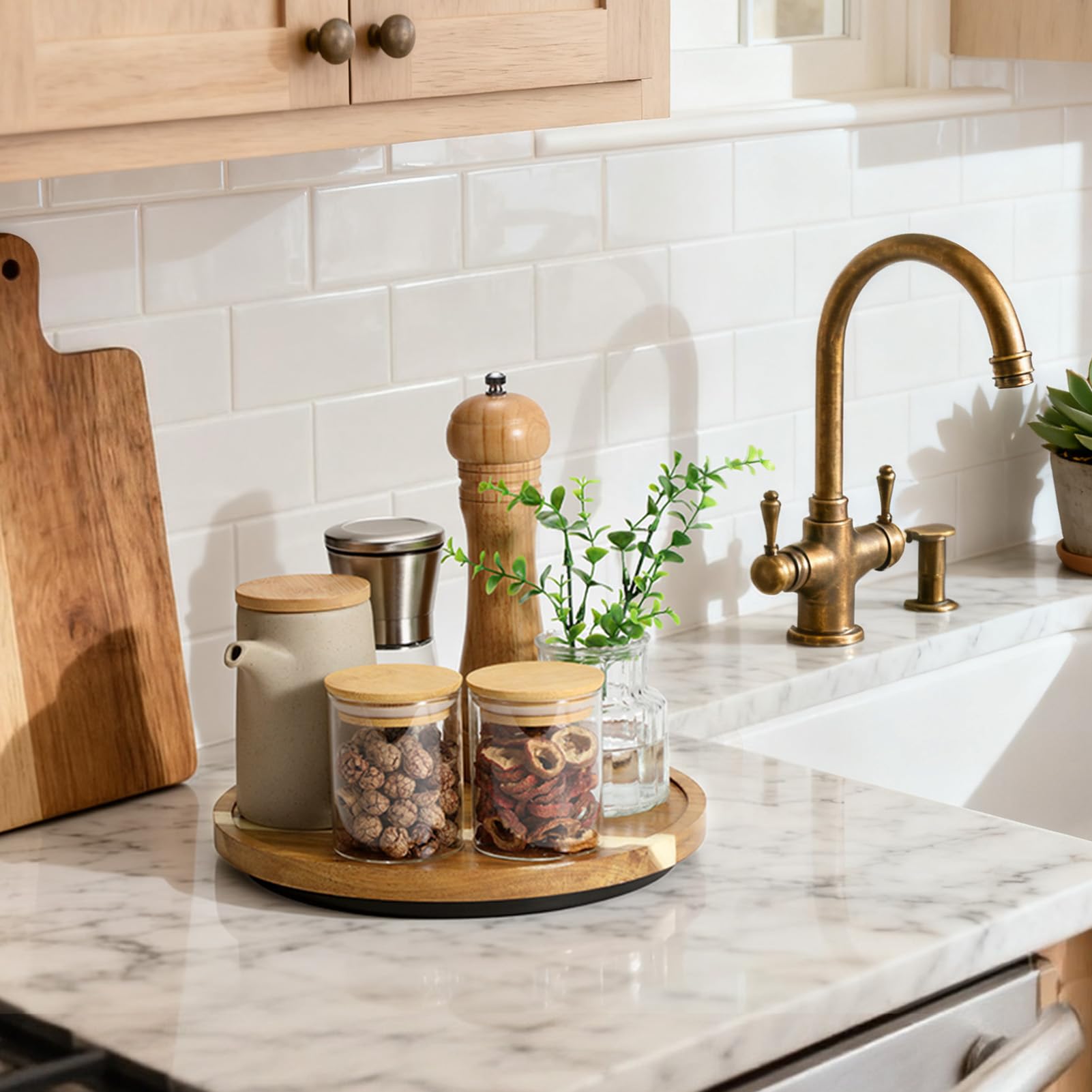 LAMU Acacia Lazy Susan rotation action enabling effortless access to bottles