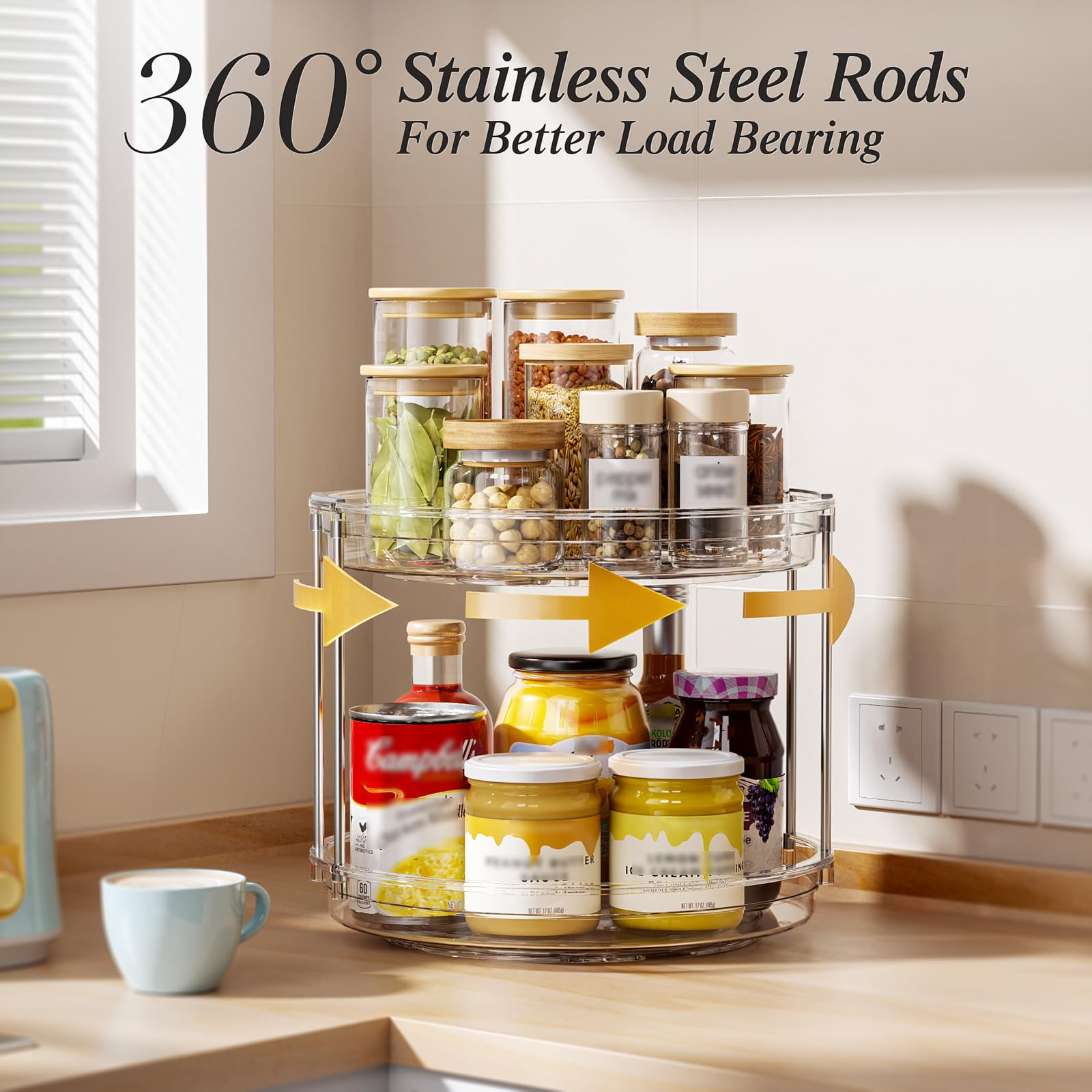 LAMU acrylic tiers with metal-rod connection ensure sturdy space-saving organization.