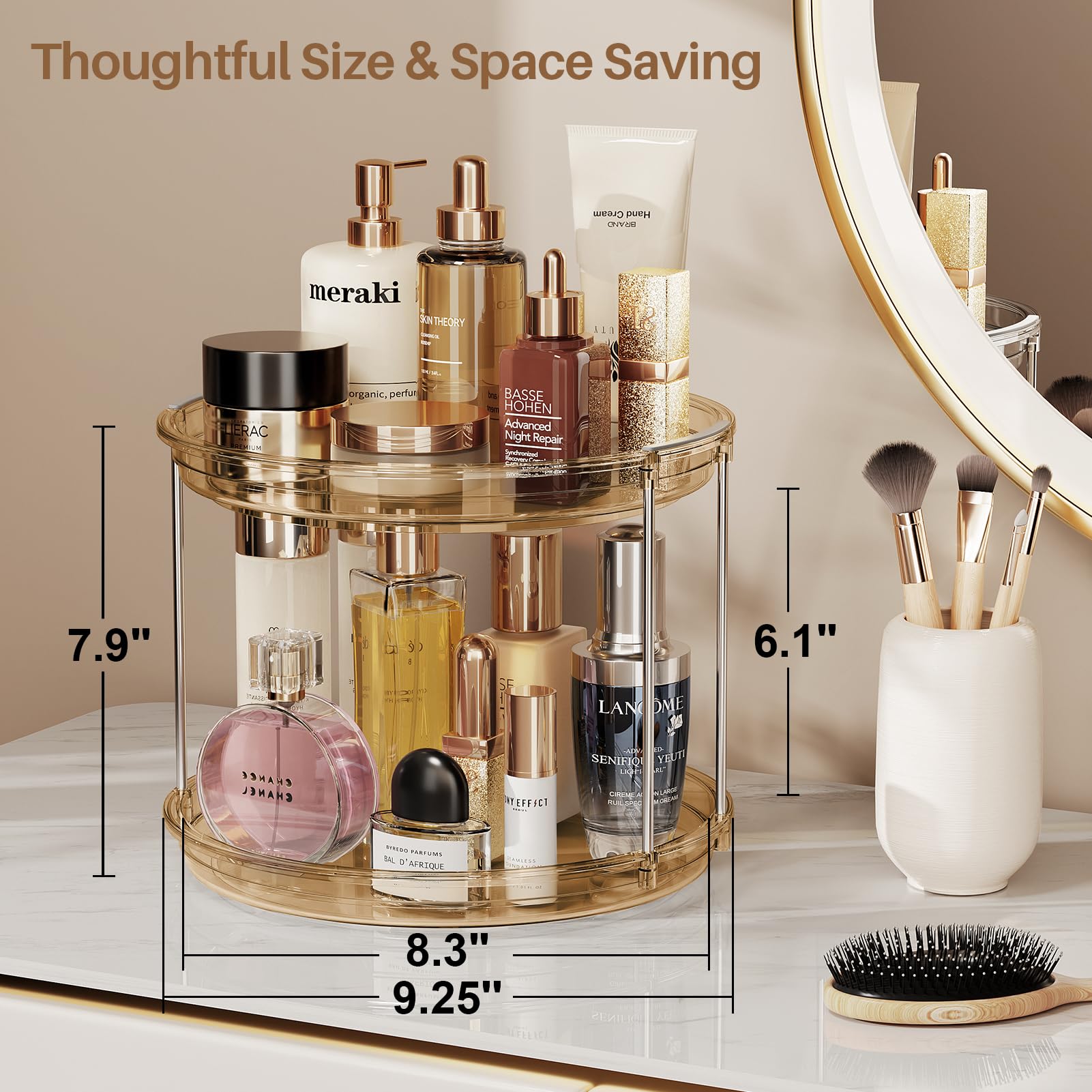 LAMU bathroom vanity organizer with amber rotating tray