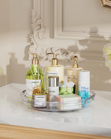 LAMU clear lazy susan demonstrating spice jar organization for quick grabbing