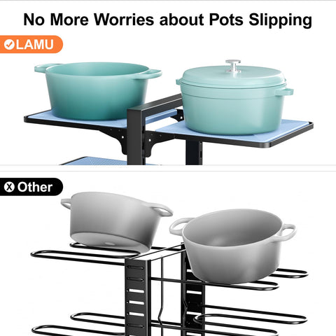 LAMU heavy-duty rack with eight shelves supports diverse cookware securely.