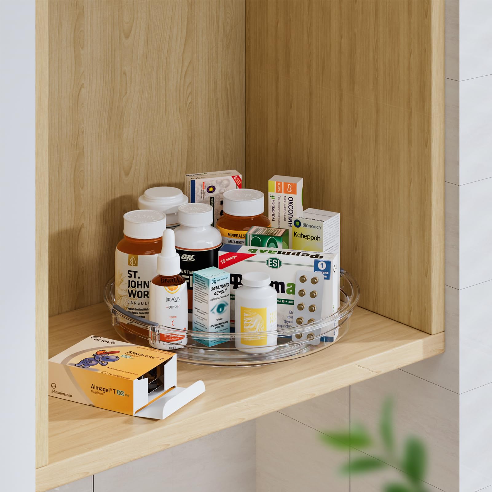 LAMU kitchen counter storage keeps bottles neatly arranged.