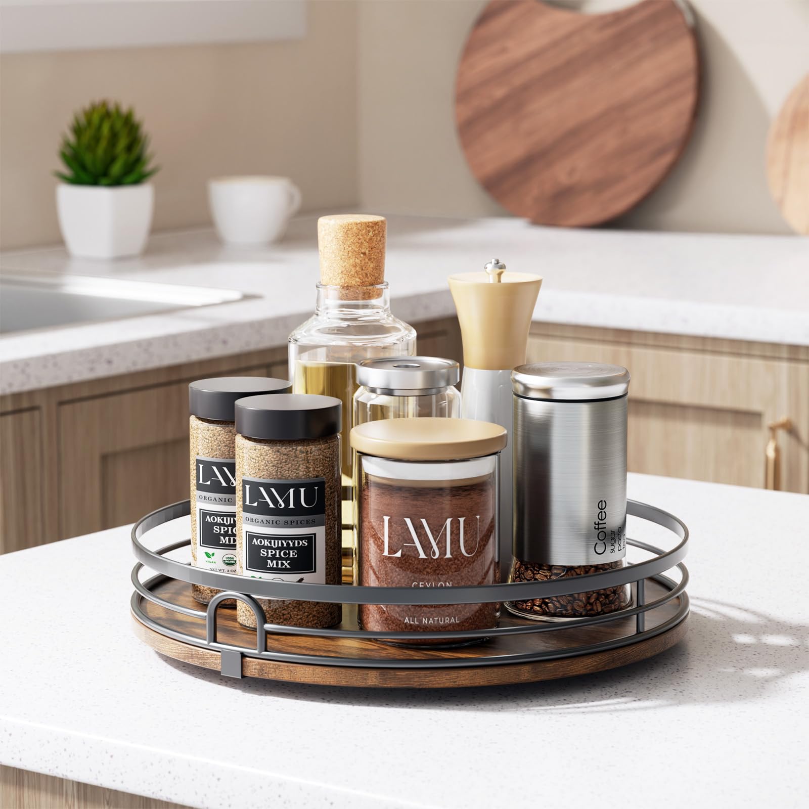 LAMU round lazy susan on kitchen counter for quick access.