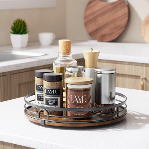 LAMU round lazy susan on kitchen counter for quick access.