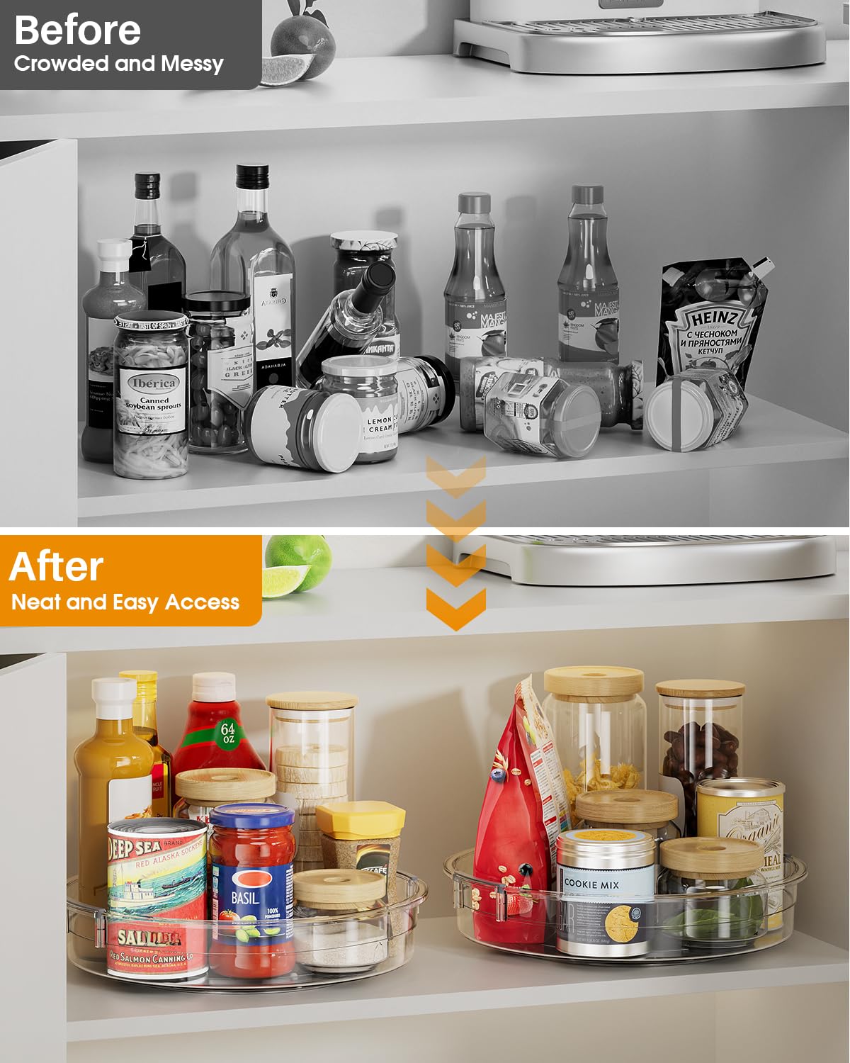 LAMU clear design fits any decor while organizing cabinet and fridge.