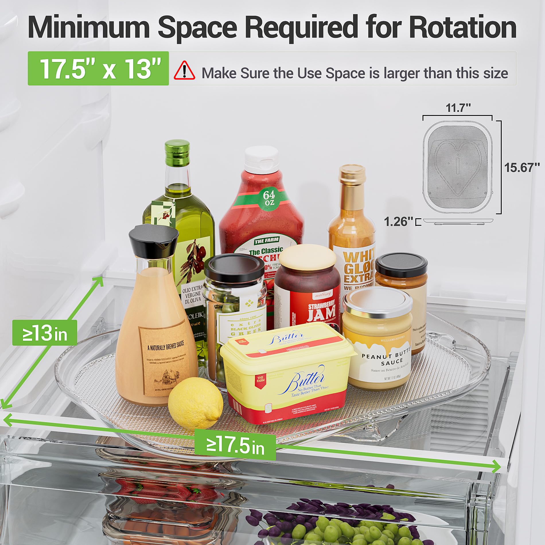 LAMU Lazy Susan fridge organizer helps maximize space and visibility on shelves.