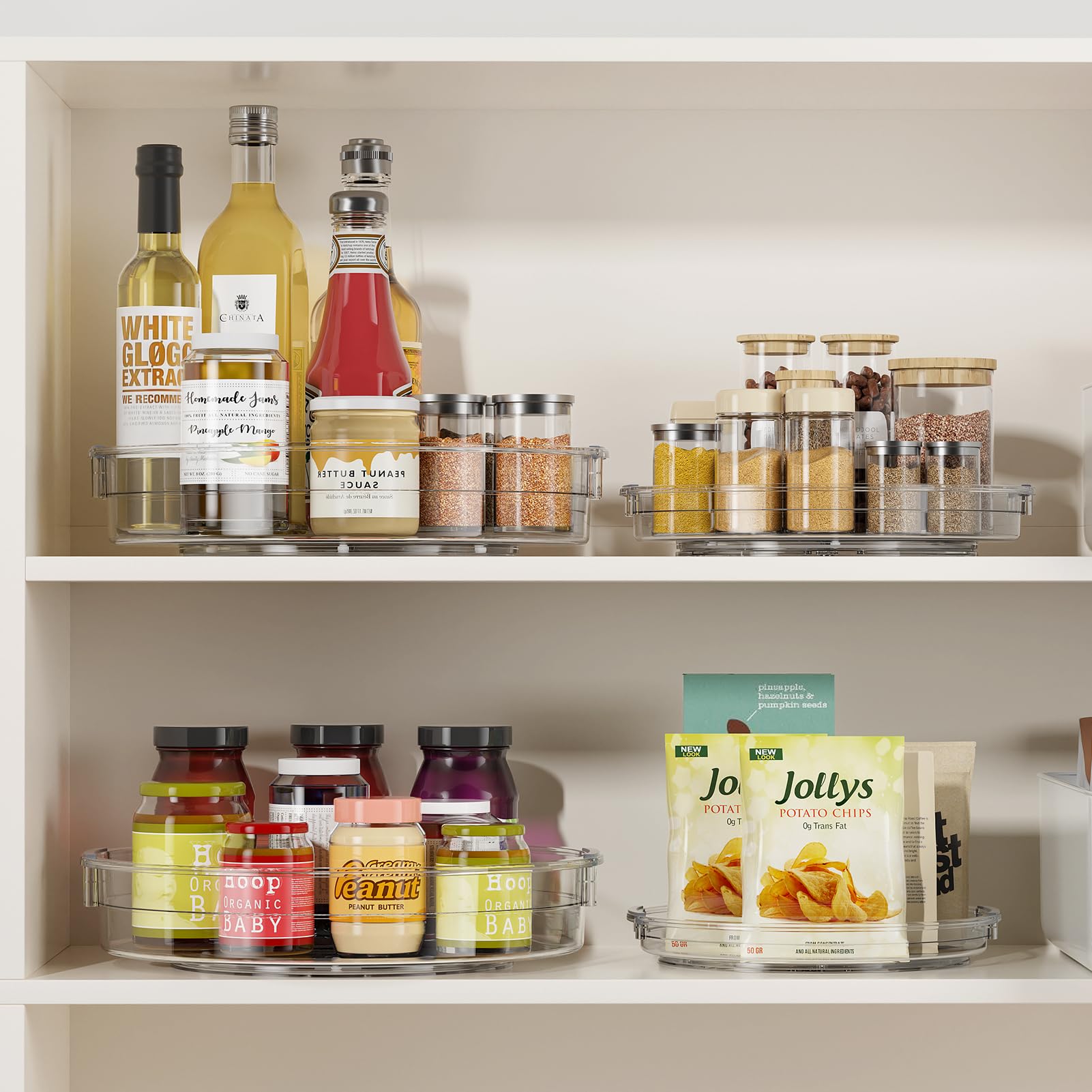 LAMU Lazy Susan in fridge keeps condiments neatly visible for grabs.