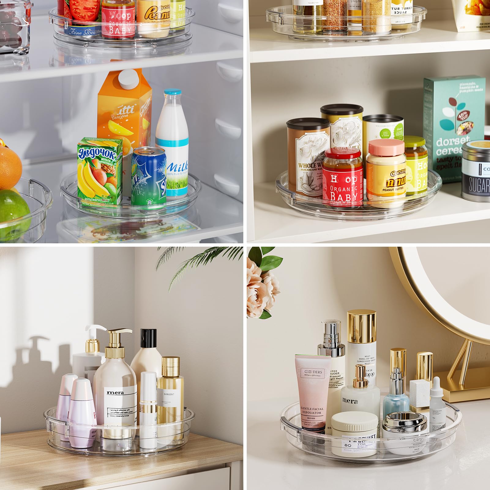 LAMU kitchen countertop lazy susan keeps cans and snacks organized.