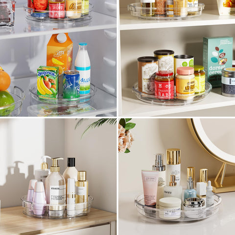 LAMU kitchen countertop lazy susan keeps cans and snacks organized.