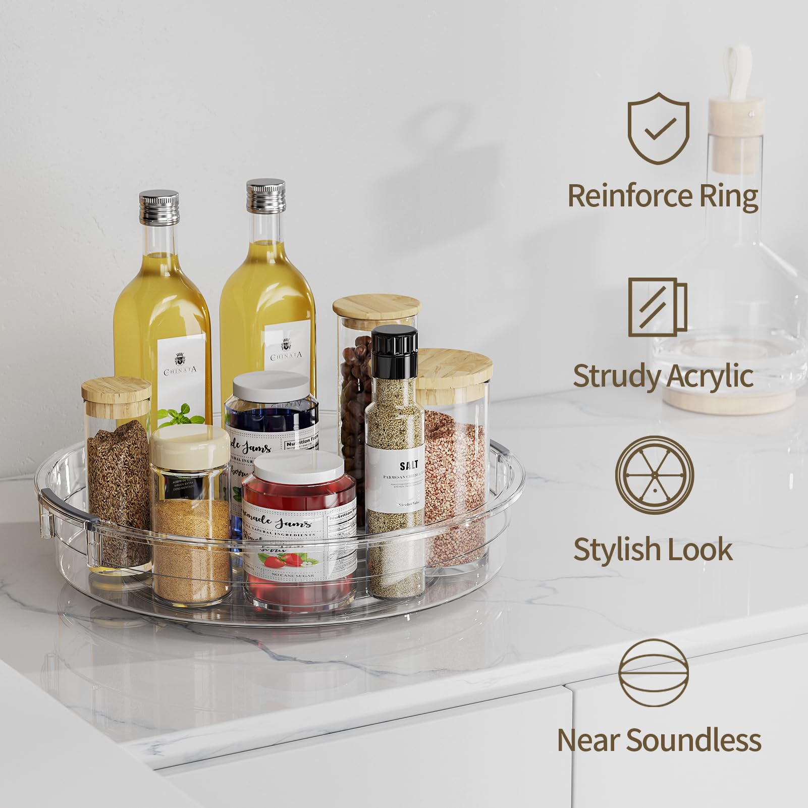 LAMU pantry organizer on a shelf streamlines spice and snack storage.