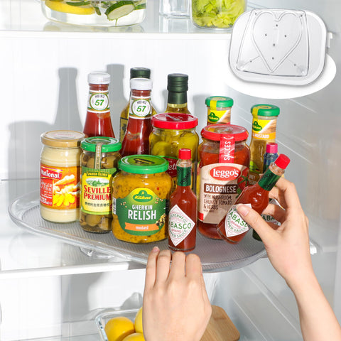 LAMU Lazy Susan rectangular turntable enables easy reach for bottles and jars.