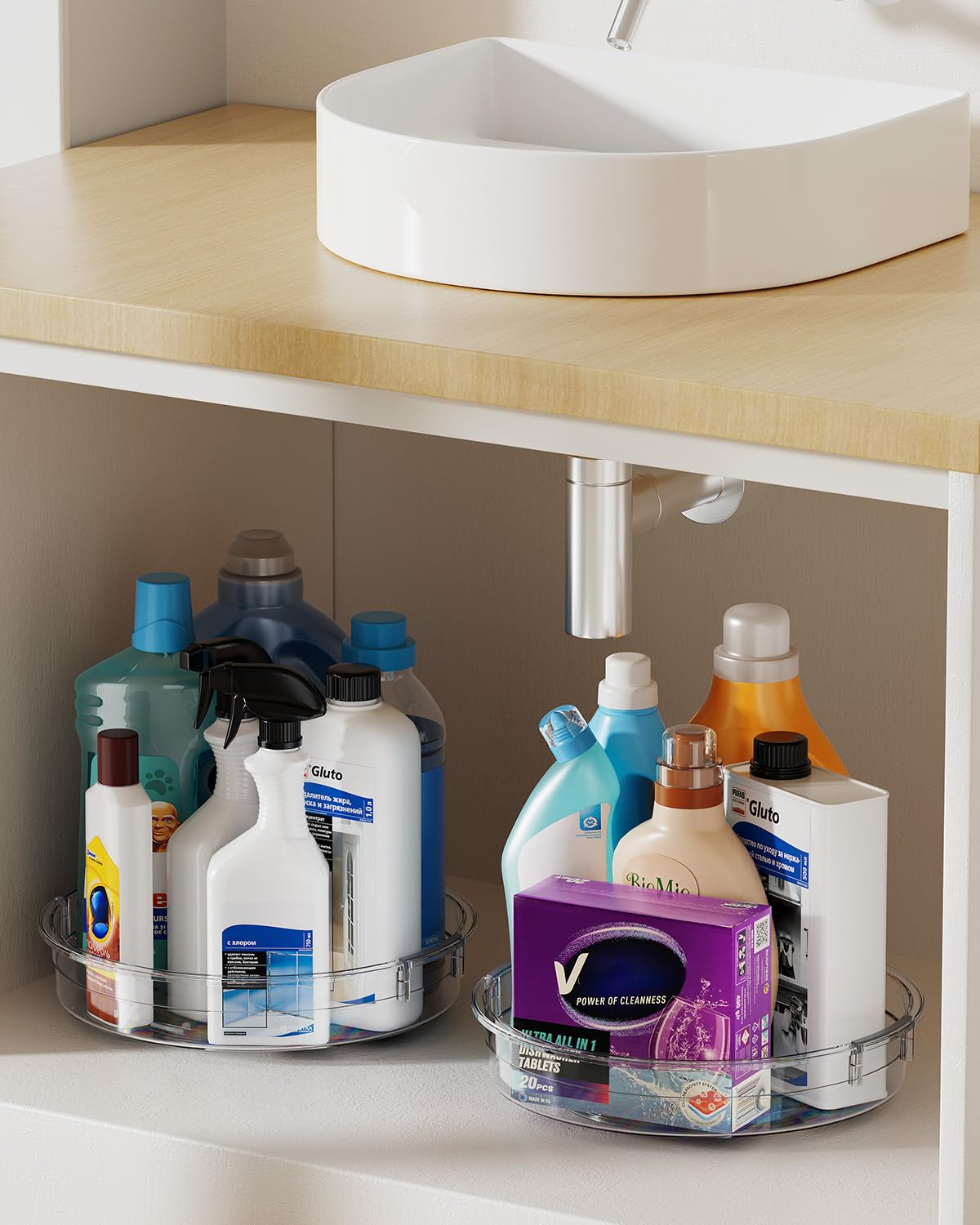 LAMU Lazy Susan under-sink organizer maximizes hidden space.