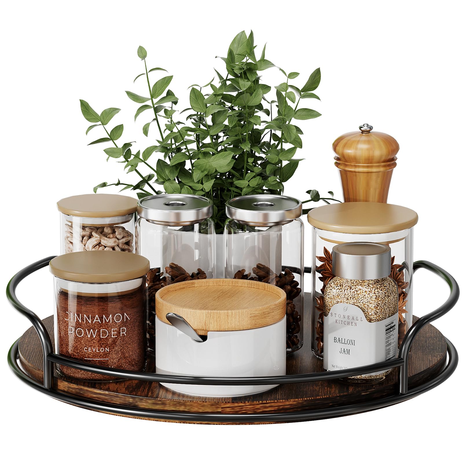 LAMU Lazy Susan wooden 9-inch front view for easy access to spices