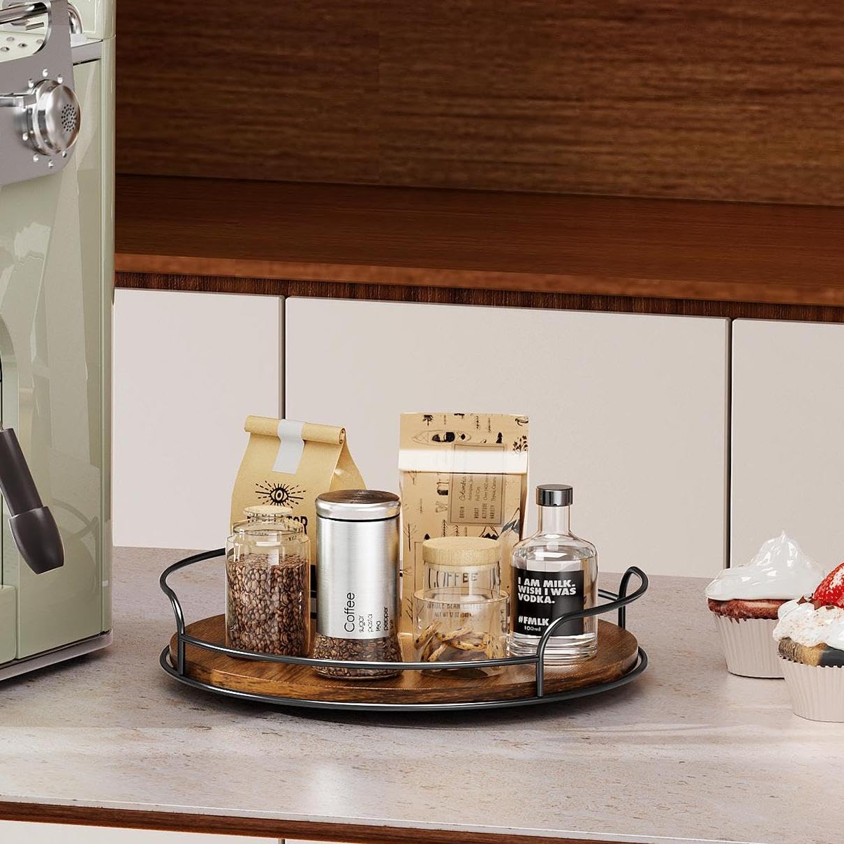 LAMU Lazy Susan wooden 9-inch top-angle highlighting smooth 360° rotation